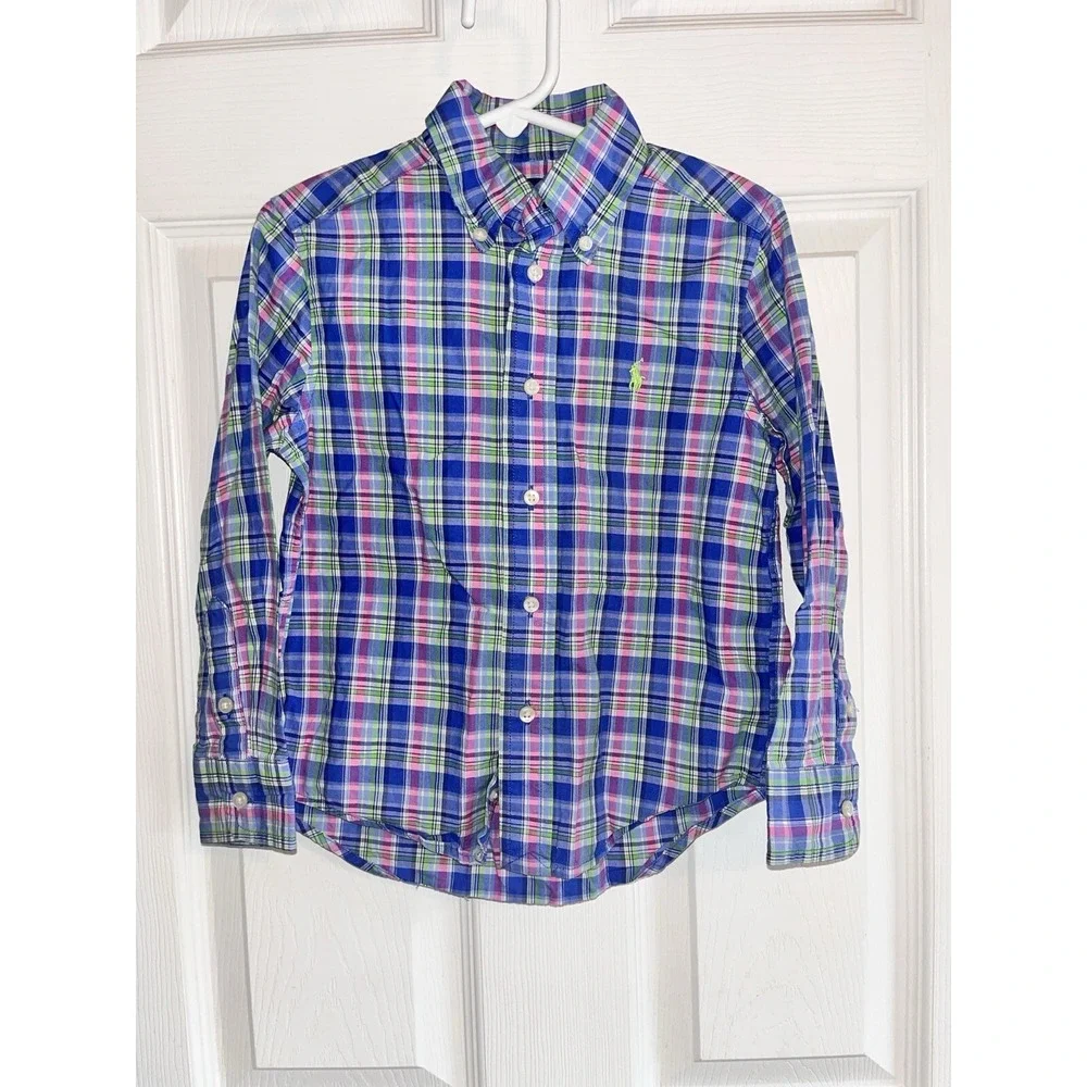 Boys Size 4 Button Down Shirt Ralph Lauren Blue Pink Green‎ Plaid Long Sleeve